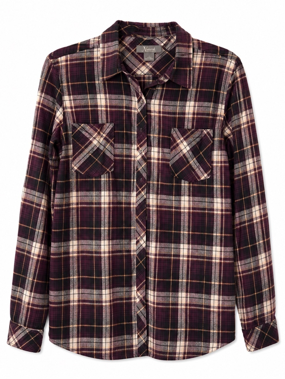 Natural Reflections Womens Plaid Button-Down Shirt - Burgundy, Black, Cream